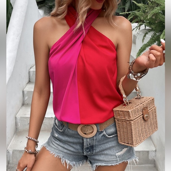 Tops - 2 Tone Color Block Crisscross Halter Top Blouse Shirt